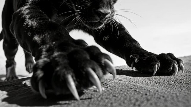 Coming black panther pressing front paws on rock, digging claws sending dust, whiskers stabilizing
