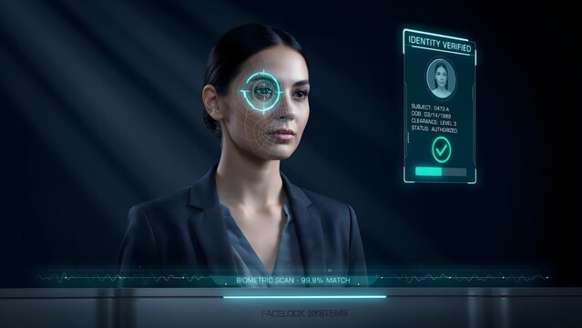 Futuristic biometric security system with facial recognition and digital identity verification, ultra realistic, 8k