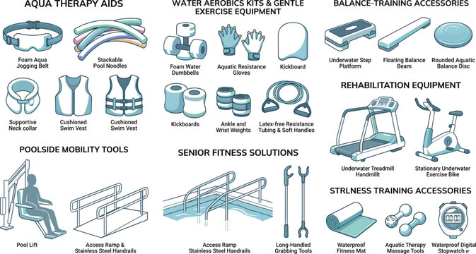 Aqua Therapy and Water Aerobics Equipment Vector Icon Set Featuring Rehabilitation Tools Senior Fitness Solutions Pool Lift and Underwater Exercise Machines