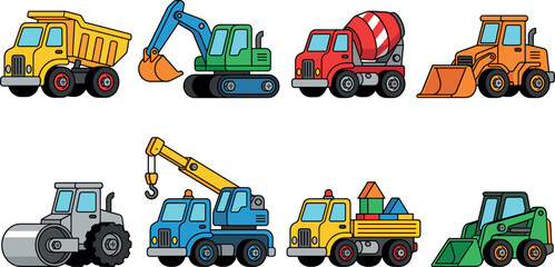 Cartoon construction vehicle set with dump truck excavator cement mixer bulldozer crane and road roller flat vector illustrations for kids © Afasana