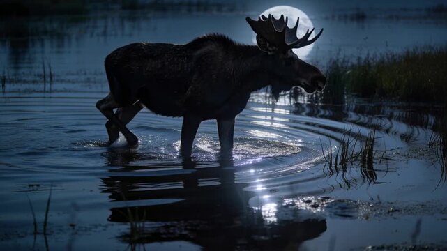 Wading bull moose moving across shallow marsh under full moon, creating ripples and showing antlers