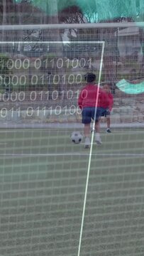 Vertical video: Two boys dribbling, keeper diving and securing ball in tech training HUD overlaying