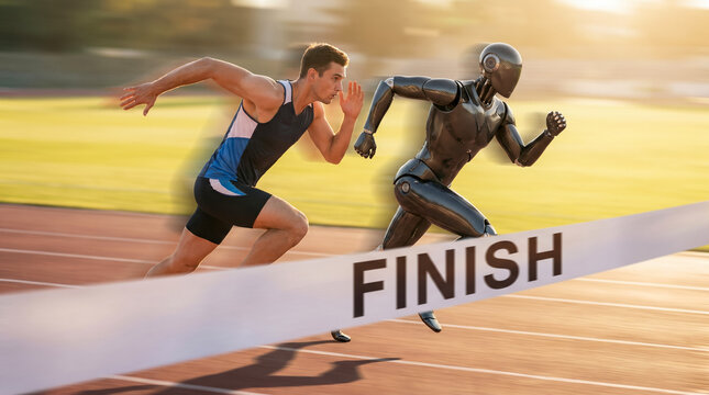 Human athlete racing against a humanoid robot at the finish line, representing competition between humans and artificial intelligence.