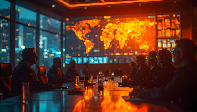 Government economic advisors analyzing national data in conference room for policy planning