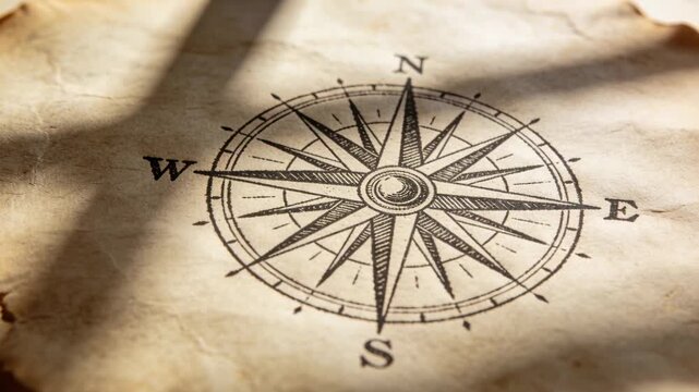 Shifting sunlight sliding across aged parchment near window, revealing inked compass rose N E S W
