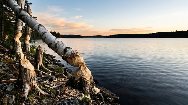 Beaver chewed birch trees by a calm lake at sunset