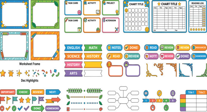 Cute Classroom Teacher Worksheet Creation Vector Set Featuring Decorative Frames Task Cards Subject Tabs Reading Logs Mind Map and Educational Sticker Elements