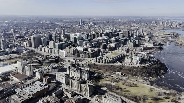 Aerial view of the capital Parliament under renovation the skyline of downtown Ottawa.