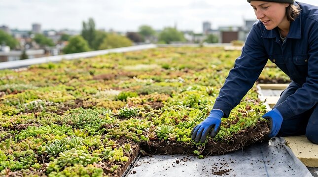 Professional worker installing a green sedum roof in the city