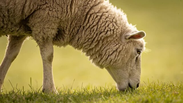 Lowering head, woolly sheep grazing in pasture, nibbling short green grass for food and chewing