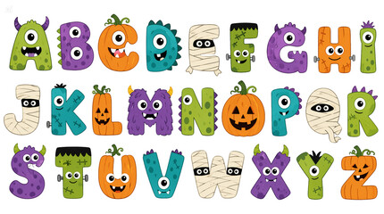 Obraz premium Complete Halloween Monster Alphabet in PNG