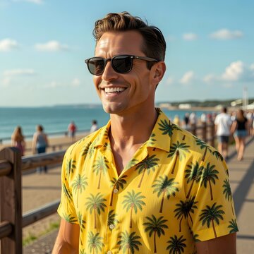 Portrait of a smiling man wearing sunglasses and a yellow tropical palm tree shirt against a blurred sunny beach background, symbolizing summer vacation and travel.