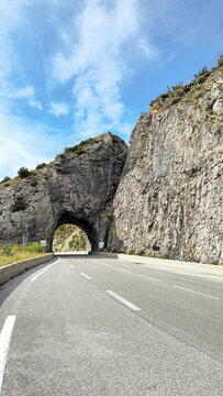 La Roche Percee rock tunnel on N202 road, French Alps, Alpes-de-Haute-Provence, France, Europe.