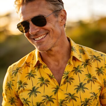 Portrait of a smiling man wearing sunglasses and a yellow tropical palm tree shirt against a blurred sunny beach background, symbolizing summer vacation and travel.