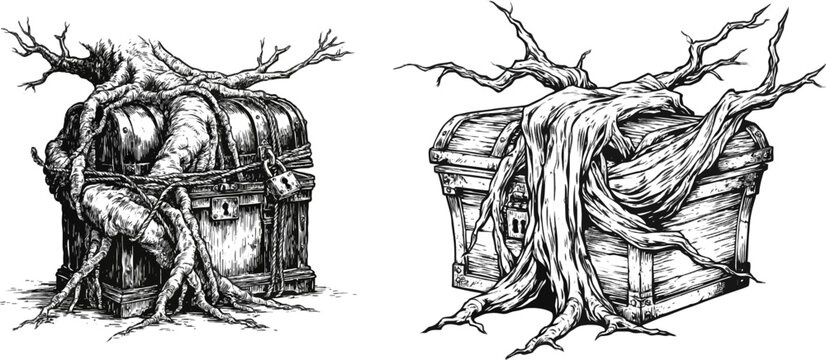 A gnarled tree root clings to an ancient, locked pirate chest, its thick tendrils wrapping around the wooden treasure box in a scene of natures dominance over man-made objects