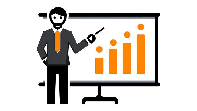 Business professional presenting bar chart data analysis.