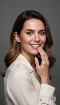 Professional male plastic surgeon examining the facial contours of a seated mature woman during a post-operative clinical follow-up for successful facelift and rhinoplasty results.