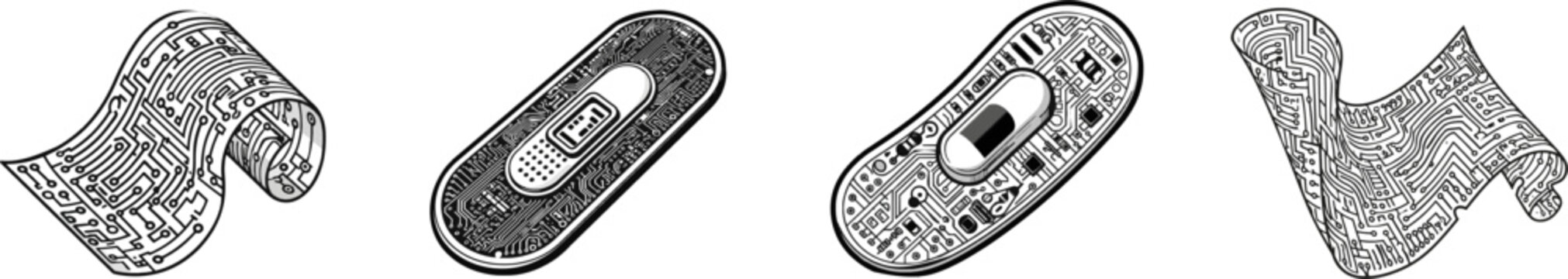 A detailed black and white vector icon of a flexible stretchable circuit board skin patch showcases intricate clean lines against a solid white background, embodying the bioelectronics theme with its