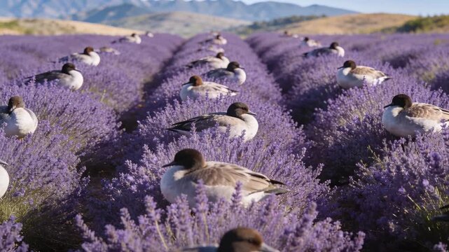 Moving low-angle shot tightening view, revealing ducks lifting heads and preening in lavender rows
