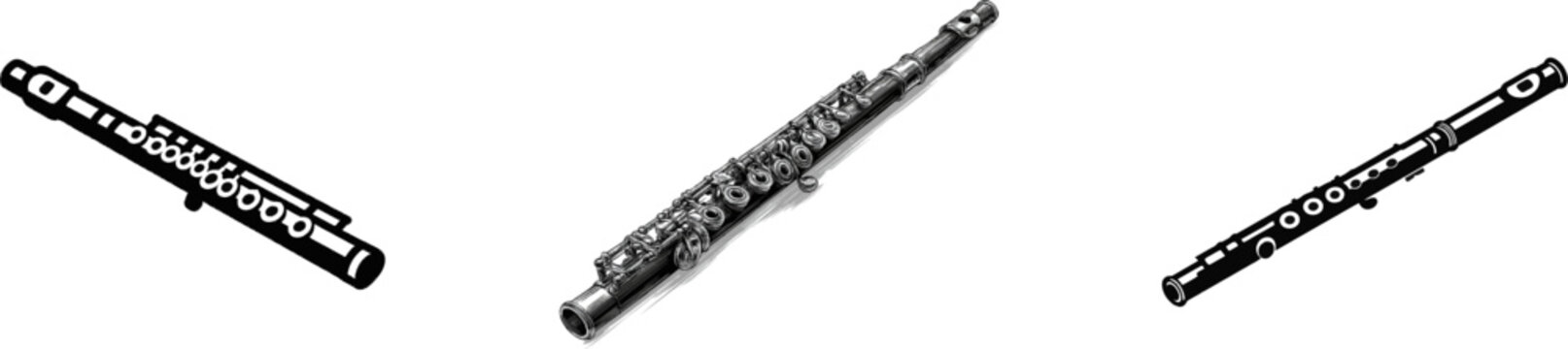 A sleek, modern black and white vector icon of a transverse flute, with clean lines and detailed key markings, isolated on a solid white background
