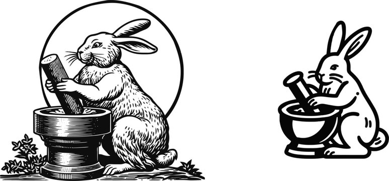 A detailed black-and-white vector icon depicts an Asian moon rabbit sitting and pounding an elixir of life inside a mortar, with clean line work isolated on a solid white background