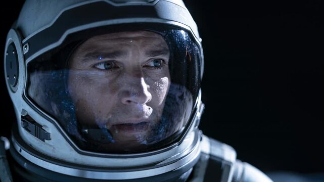 Noticing visor reflection, suited astronaut scanning left and touching visor in space, with glove
