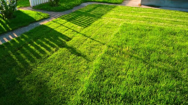 Lawn before and after mowing with lawn mower. Soft evening sun and shadows on grass