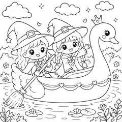 Naklejka premium Little witch girls riding swan boat on water illustration for coloring page magical scene with stars hearts and floating lily pads in nature background for children activity.