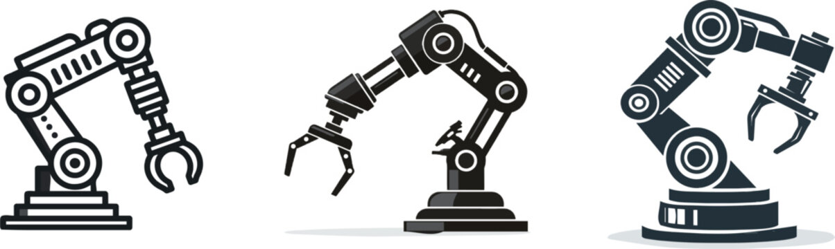 A sleek monochrome vector icon of an industrial robot arm with a gripper, set against a clean white background, embodies the essence of modern technology and automation
