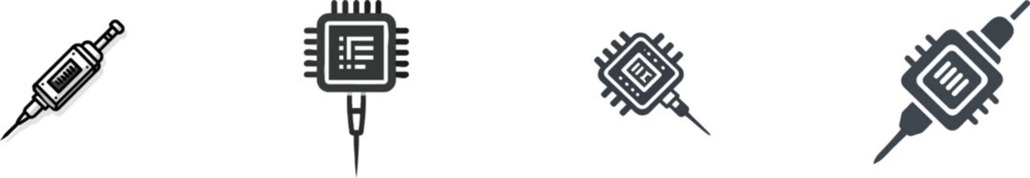 A monochrome vector icon depicts an ultra-miniature microchip resting atop the tip of a medical needle, encapsulating the essence of nanotechnology with clean lines against a pure white background