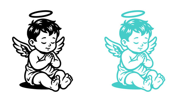 Two color variations of a sleeping baby angel with wings and halo in a vector illustration style