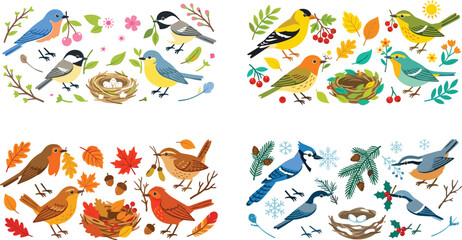 Four Seasons Songbirds Vector Icon Set Featuring Spring Blossoms Summer Berries Autumn Leaves and Winter Snowflakes with Cute Birds and Nests © Apu