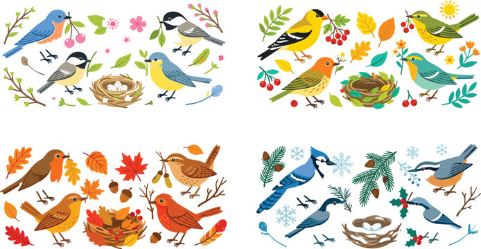 Four Seasons Songbirds Vector Icon Set Featuring Spring Blossoms Summer Berries Autumn Leaves and Winter Snowflakes with Cute Birds and Nests
