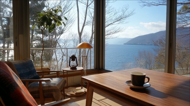 Cozy Mountain Cafe Interior with Winter Lake View Through Large Window