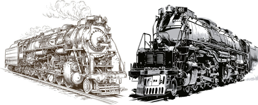 A meticulously detailed black and white vector illustration of a retro-style steam locomotive, with clean line work and isolated on a solid white background, showcases the intricate components and