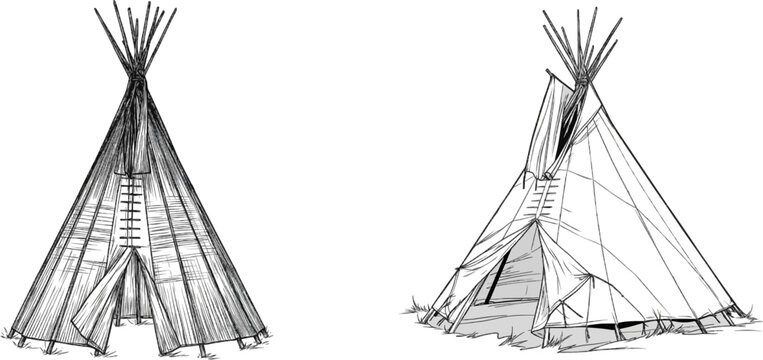 A traditional Native American tipi tent, depicted in black and white vector line art with a clean design, stands isolated on a solid white background