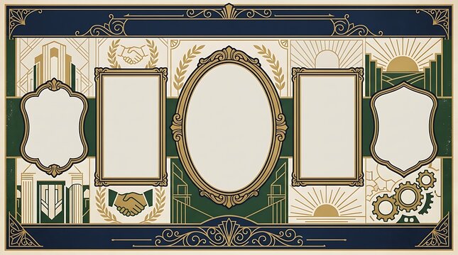 Art deco certificate template with multiple vintage gold frames