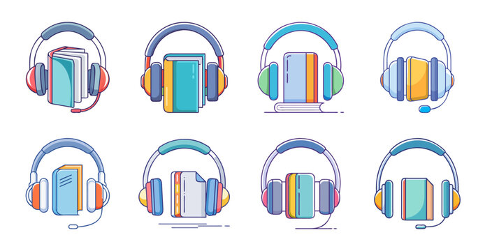 Colorful headphones with books icon set - Bright, playful icon set showing headphones paired with books in various colors for educational or creative themes.