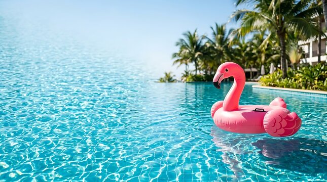 Pink flamingo floaty in a sunny tropical infinity pool