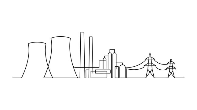 Continuous single line drawing of industrial power plant with cooling towers and transmission towers.