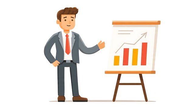 Business professional presenting colorful bar chart data.
