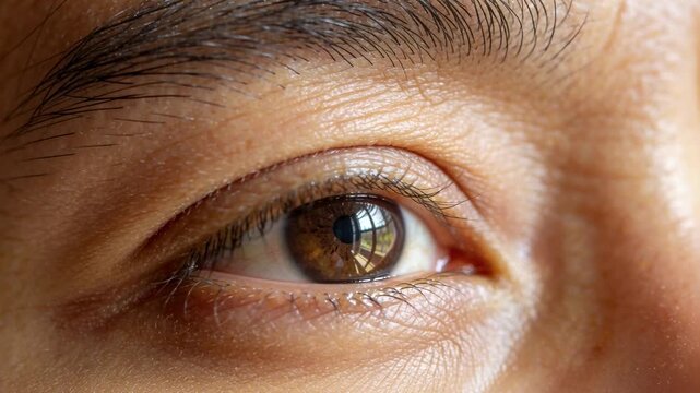 Blinking single eye reacting to micromovements near window, showing brown iris, camera reflection