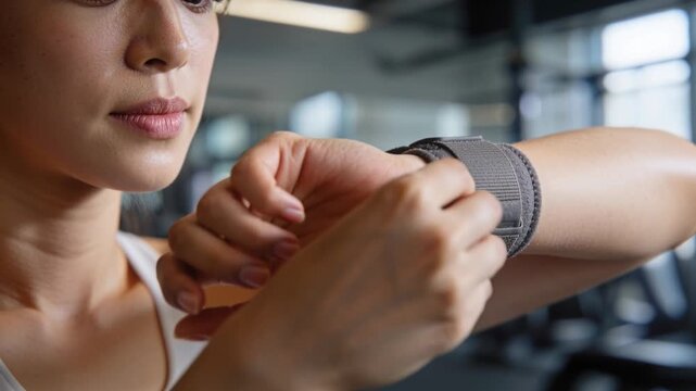 Bringing arm into frame, Asian woman in white sports tank fastening Velcro wrist wrap at gym