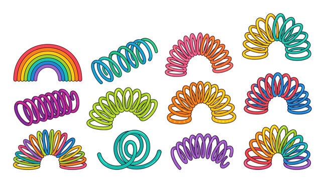 Collection of Vibrant Rainbow Slinky Toy Spring Coils in Various Shapes, Spiral Arches, and Creative Play Designs