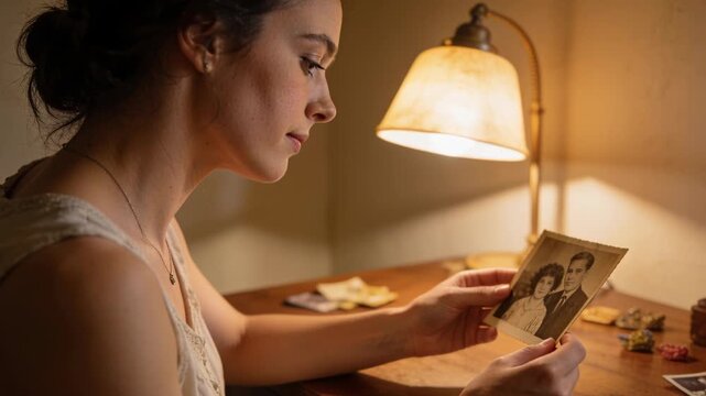 Lifting portrait, woman in retro top tracing edges and studying faces at desk with lamp remembering