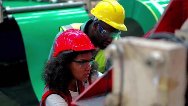 Industrial workers are helping to maintain machinery in the steel plant.