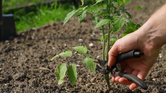 Pruning lower tomato branches to protect against late blight. Working in garden bed on sunny day