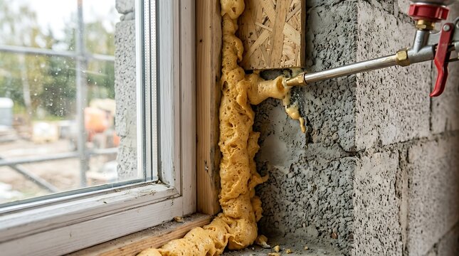 Expanding polyurethane foam applied to a window frame for insulation