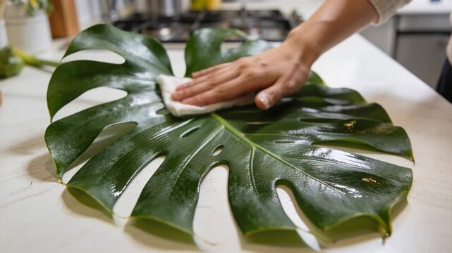 Reaching hand with knit sleeve wiping Monstera leaf on kitchen counter, using damp cloth for shine