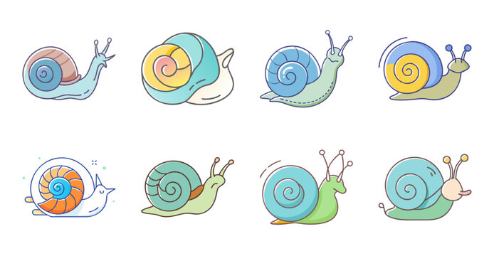 Colorful snails crawling on a path - Six cheerful cartoon snails in bright colors moving along a simple, clean path with happy expressions.